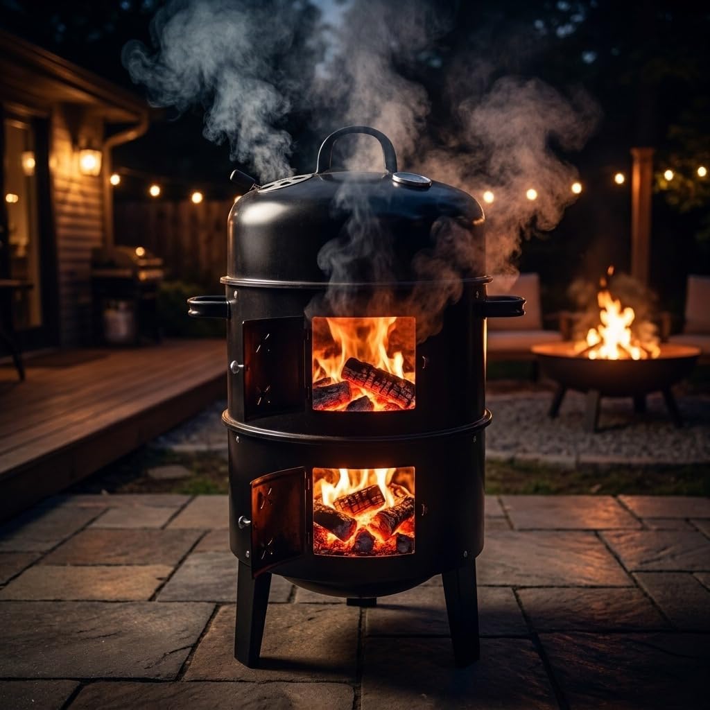 Stacker Smoker BBQ Grill & Fire Pit with Lid Thermometer Heavy Duty Charcoal Barbecue Grill, Adjustable Air Vents, Outdoor Garden Patio Smoker & Roaster