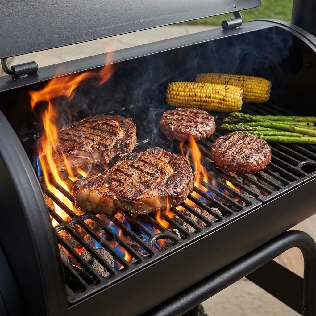 Outdoor Charcoal BBQ Grill with Rotisserie, Large Cooking Surface, Folding Side Tables & Wheels Heavy Duty Garden Barbecue Smoker for Patio, Backyard & Outdoor Cooking