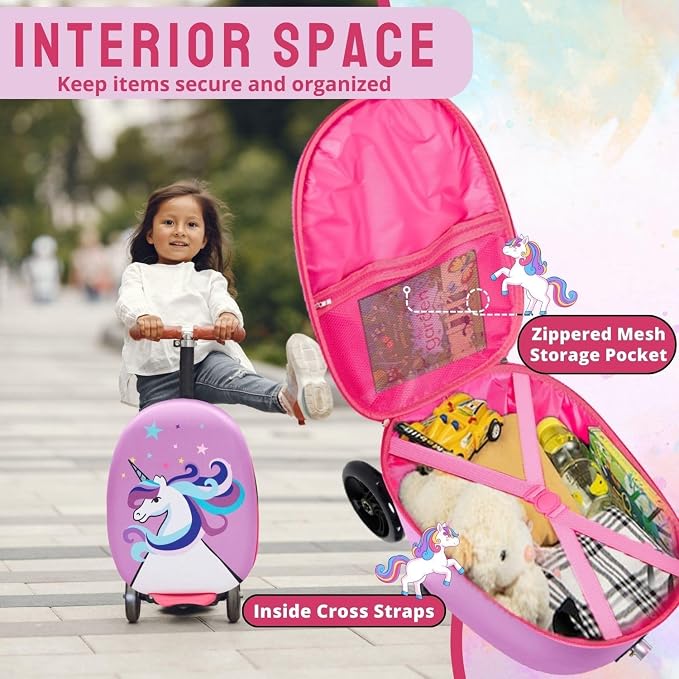 2 in 1 Kids Scooter Suitcase Cabin Approved Foldable Ride On Travel Luggage with Non Slip Deck, Lightweight 18 Inch Carry-On Suitcase for Children 5+ Years