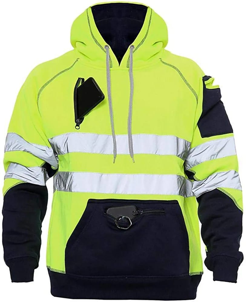Hi Vis Viz High Visibility Jacket Hoodie Work Wear 3 Zip Hooded Pullover Sweatshirt