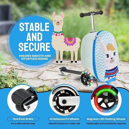 2 in 1 Kids Scooter Suitcase Cabin Approved  Foldable Ride On Travel Luggage with Non Slip Deck, Lightweight 18 Inch Carry-On Suitcase for Children 5+ Years