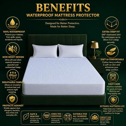 Small Double Waterproof Mattress Protector 30cm Deep Fitted Terry Mattress Cover | Breathable Anti Allergy Bed Protector
