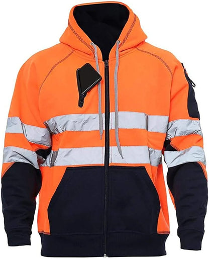 Hi Vis Viz High Visibility Jacket Hoodie Work Wear 3 Zip Hooded Pullover Sweatshirt