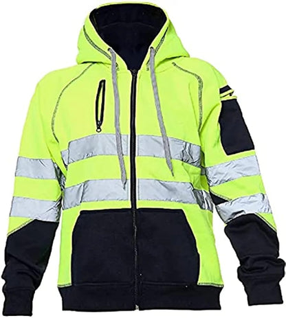 Hi Vis Viz High Visibility Jacket Hoodie Work Wear 3 Zip Hooded Pullover Sweatshirt