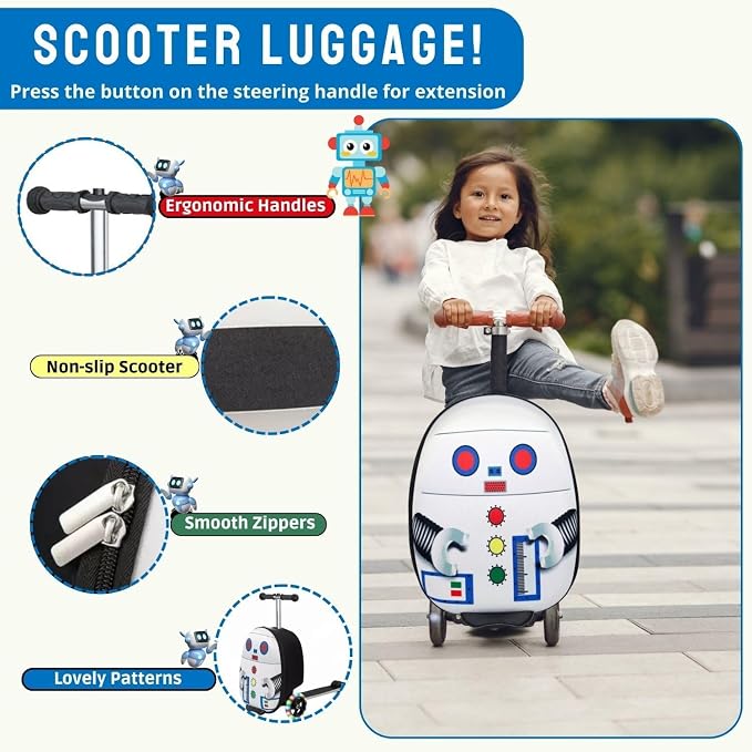2 in 1 Kids Scooter Suitcase Cabin Approved  Foldable Ride On Travel Luggage with Non Slip Deck, Lightweight 18 Inch Carry-On Suitcase for Children 5+ Years
