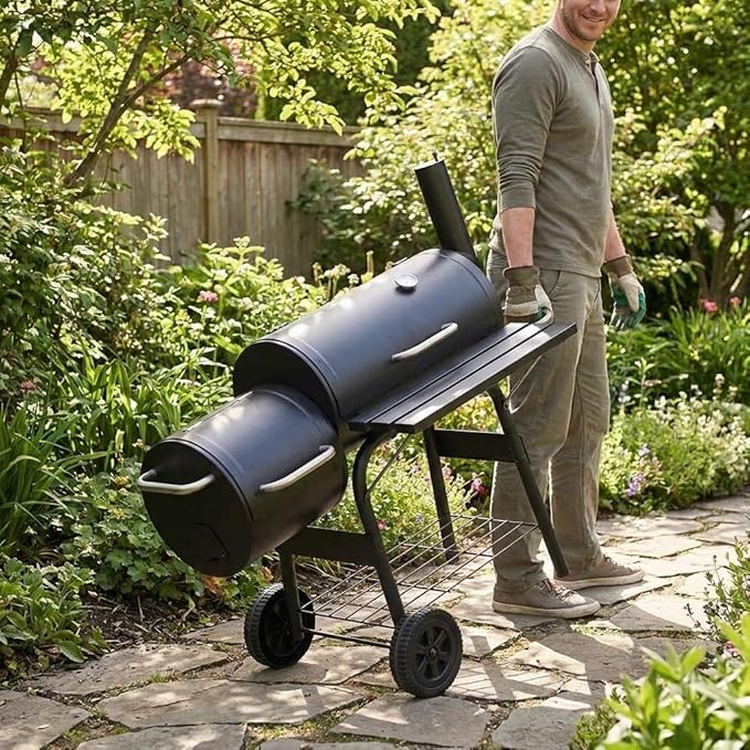 Outdoor Charcoal BBQ Grill with Rotisserie, Large Cooking Surface, Folding Side Tables & Wheels  Heavy Duty Garden Barbecue Smoker for Patio, Backyard & Outdoor Cooking