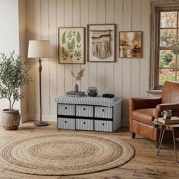 6 Drawer Ottoman Storage Bench with Velvet Cord Finish  Fabric Storage Chest, Padded Footstool Seat, Multipurpose Bedroom, Living Room & Hallway