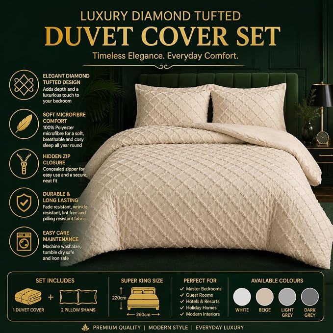Double Duvet Cover Set Beige Tufted Bedding Set with 2 Pillowcases | Soft  Textured Geometric Quilt Cover with Hidden Zip