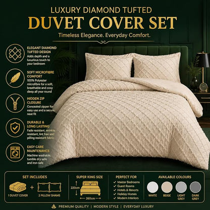Double Duvet Cover Set Beige Tufted Bedding Set with 2 Pillowcases | Soft  Textured Geometric Quilt Cover with Hidden Zip