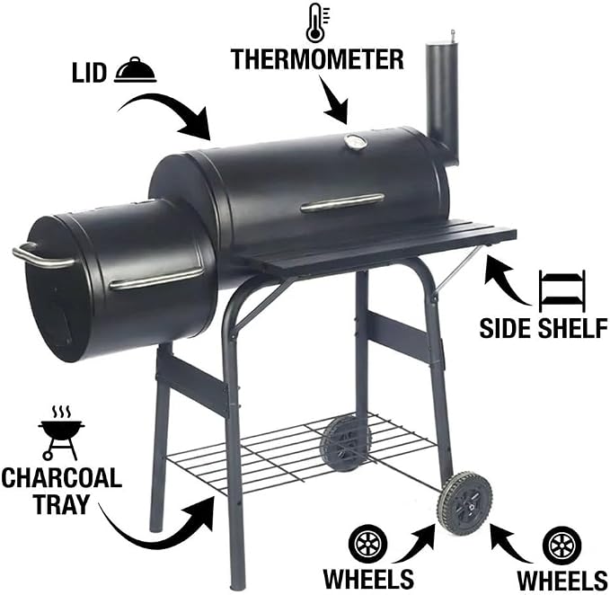 Outdoor Charcoal BBQ Grill with Rotisserie, Large Cooking Surface, Folding Side Tables & Wheels  Heavy Duty Garden Barbecue Smoker for Patio, Backyard & Outdoor Cooking