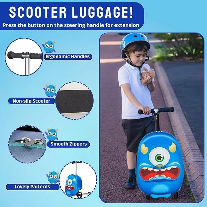 2 in 1 Kids Scooter Suitcase Cabin Approved  Foldable Ride On Travel Luggage with Non Slip Deck, Lightweight 18 Inch Carry-On Suitcase for Children 5+ Years