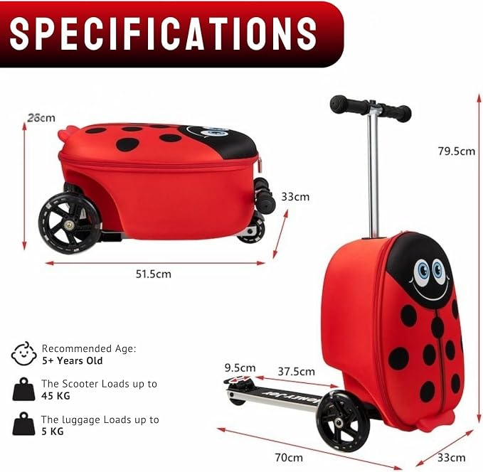 2 in 1 Kids Scooter Suitcase Cabin Approved  Foldable Ride On Travel Luggage with Non Slip Deck, Lightweight 18 Inch Carry-On Suitcase for Children 5+ Years