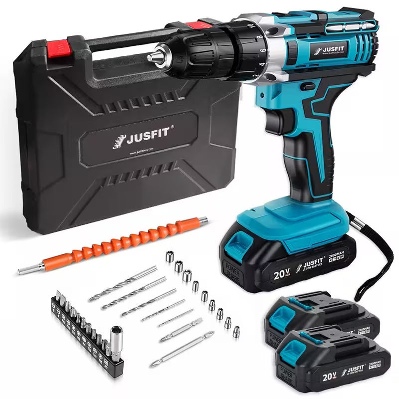 Cordless Hammer Impact Drill Driver Kit with 2 x 2000mAh Batteries, 29 Piece Accessory Set, 25+3 Torque Settings, LED Work Light & Fast Charger for DIY and Home Repairs