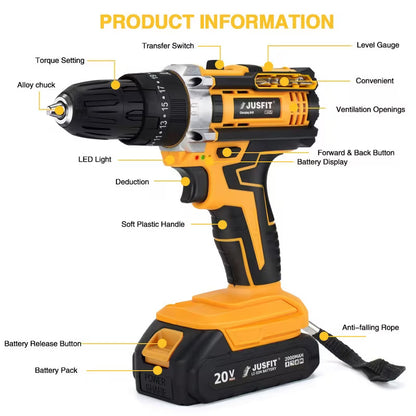 Cordless Hammer Impact Drill Driver Kit with 2 x 2000mAh Batteries, 29 Piece Accessory Set, 25+3 Torque Settings, LED Work Light & Fast Charger for DIY and Home Repairs