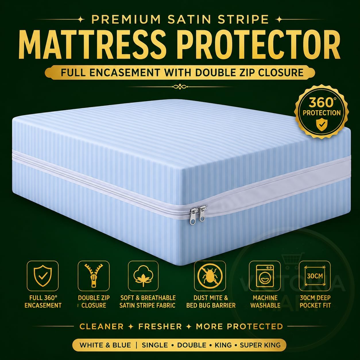 Satin Stripe Zipped Mattress Protector 30cm Deep Full Encasement Mattress Cover | Double Side Zip, Breathable & Hypoallergenic