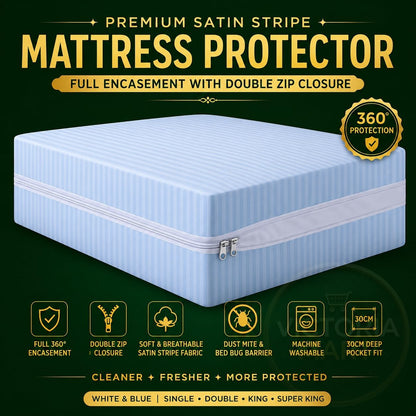 Satin Stripe Zipped Mattress Protector 30cm Deep Full Encasement Mattress Cover | Double Side Zip, Breathable & Hypoallergenic