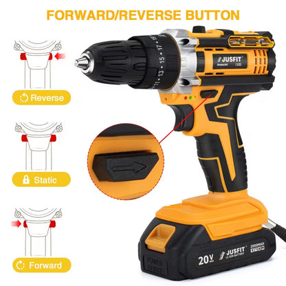 Cordless Hammer Impact Drill Driver Kit with 2 x 2000mAh Batteries, 29 Piece Accessory Set, 25+3 Torque Settings, LED Work Light & Fast Charger for DIY and Home Repairs