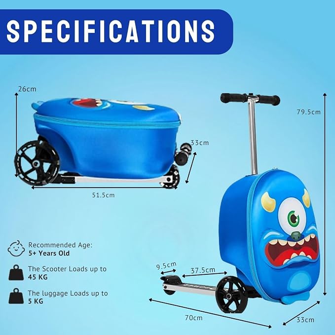 2 in 1 Kids Scooter Suitcase Cabin Approved  Foldable Ride On Travel Luggage with Non Slip Deck, Lightweight 18 Inch Carry-On Suitcase for Children 5+ Years