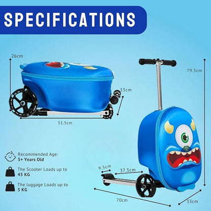 2 in 1 Kids Scooter Suitcase Cabin Approved  Foldable Ride On Travel Luggage with Non Slip Deck, Lightweight 18 Inch Carry-On Suitcase for Children 5+ Years