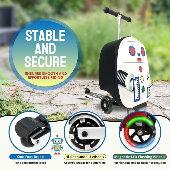 2 in 1 Kids Scooter Suitcase Cabin Approved  Foldable Ride On Travel Luggage with Non Slip Deck, Lightweight 18 Inch Carry-On Suitcase for Children 5+ Years