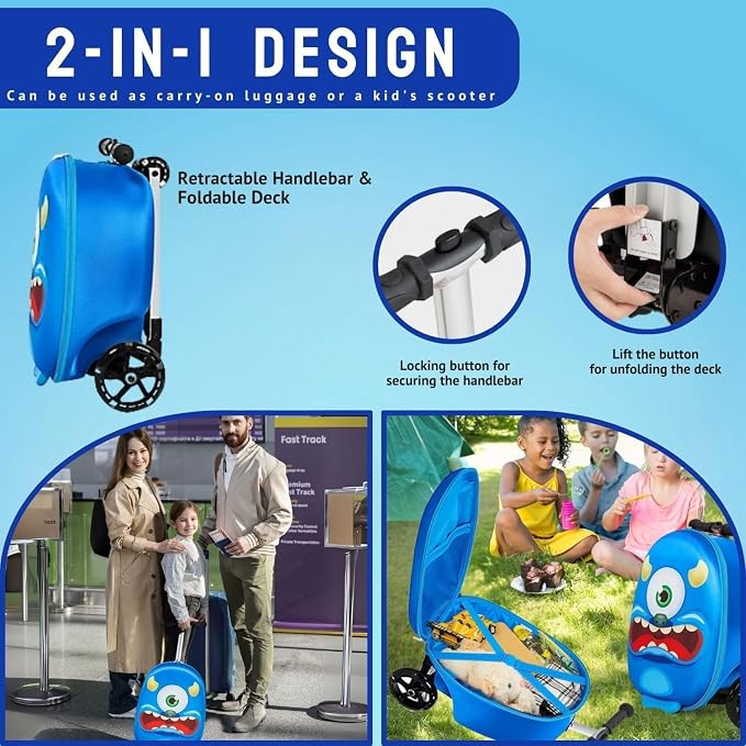 2 in 1 Kids Scooter Suitcase Cabin Approved  Foldable Ride On Travel Luggage with Non Slip Deck, Lightweight 18 Inch Carry-On Suitcase for Children 5+ Years