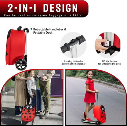 2 in 1 Kids Scooter Suitcase Cabin Approved  Foldable Ride On Travel Luggage with Non Slip Deck, Lightweight 18 Inch Carry-On Suitcase for Children 5+ Years