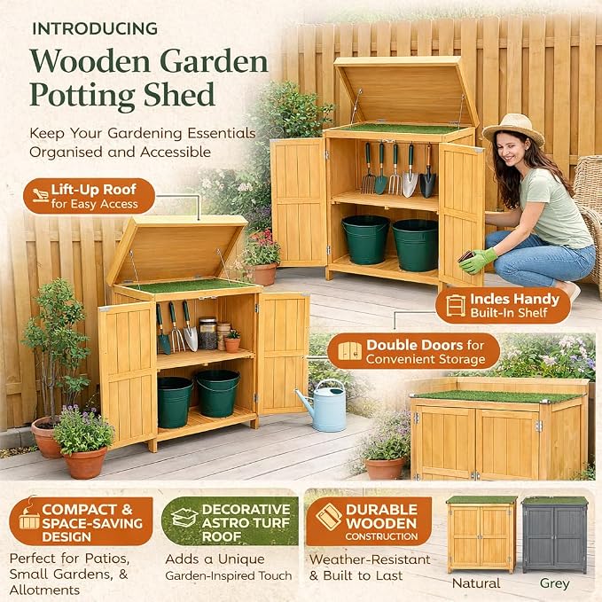 Wooden Garden Potting Shed with Lift Up Roof & Double Doors Outdoor Garden Storage Cabinet with Shelf Compact Wooden Tool Storage for Patio, Balcony & Allotment
