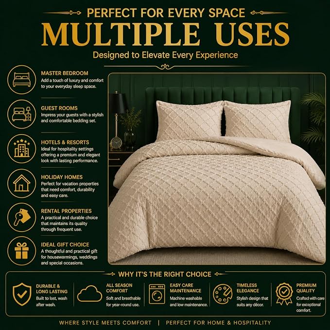 Double Duvet Cover Set Beige Tufted Bedding Set with 2 Pillowcases | Soft  Textured Geometric Quilt Cover with Hidden Zip