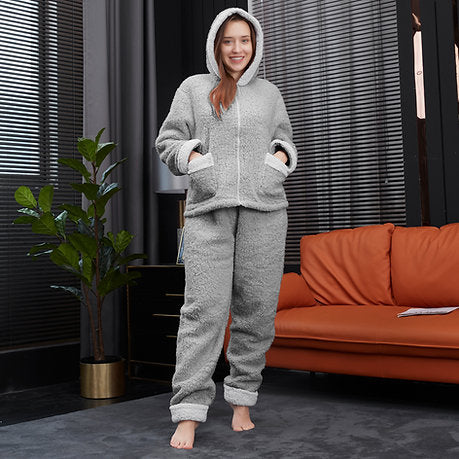Women's Pyjama Set Snow Fleece Full Zip Hooded Top Nightwear PJ Set