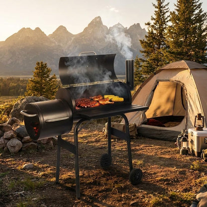 Outdoor Charcoal BBQ Grill with Rotisserie, Large Cooking Surface, Folding Side Tables & Wheels  Heavy Duty Garden Barbecue Smoker for Patio, Backyard & Outdoor Cooking