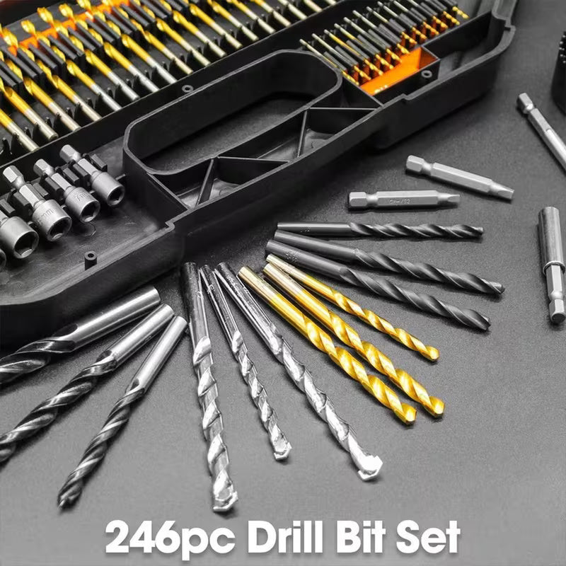 246PCS Professional Drill Bit & Screwdriver Bit Set  Titanium Coated HSS Drill Bits for Wood, Metal & Masonry with Magnetic Bit Holder & Storage Case