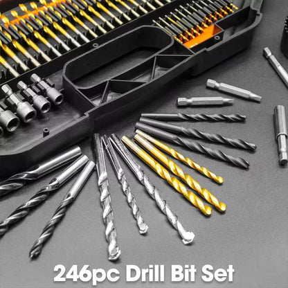 246PCS Professional Drill Bit & Screwdriver Bit Set  Titanium Coated HSS Drill Bits for Wood, Metal & Masonry with Magnetic Bit Holder & Storage Case