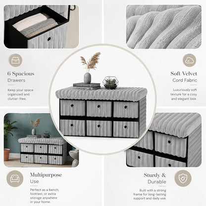 6 Drawer Ottoman Storage Bench with Velvet Cord Finish  Fabric Storage Chest, Padded Footstool Seat, Multipurpose Bedroom, Living Room & Hallway