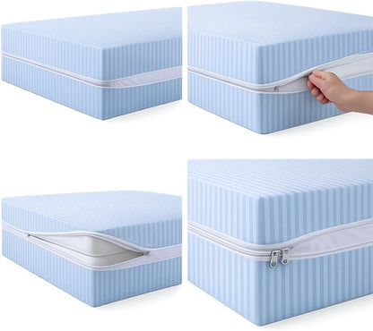 Satin Stripe Zipped Mattress Protector 30cm Deep Full Encasement Mattress Cover | Double Side Zip, Breathable & Hypoallergenic
