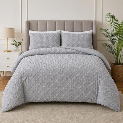 Double Duvet Cover Set Beige Tufted Bedding Set with 2 Pillowcases | Soft  Textured Geometric Quilt Cover with Hidden Zip