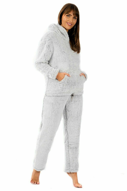 New Ladies Sherpa Fleece Pyjama Set Soft Warm Thermal Loungewear Set Nightwear