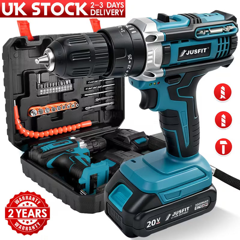 Cordless Hammer Impact Drill Driver Kit with 2 x 2000mAh Batteries, 29 Piece Accessory Set, 25+3 Torque Settings, LED Work Light & Fast Charger for DIY and Home Repairs