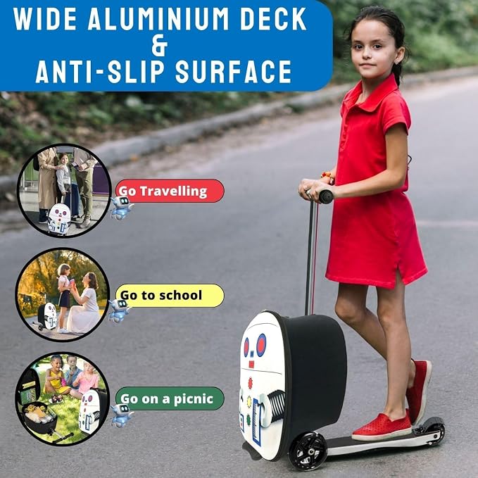 2 in 1 Kids Scooter Suitcase Cabin Approved  Foldable Ride On Travel Luggage with Non Slip Deck, Lightweight 18 Inch Carry-On Suitcase for Children 5+ Years