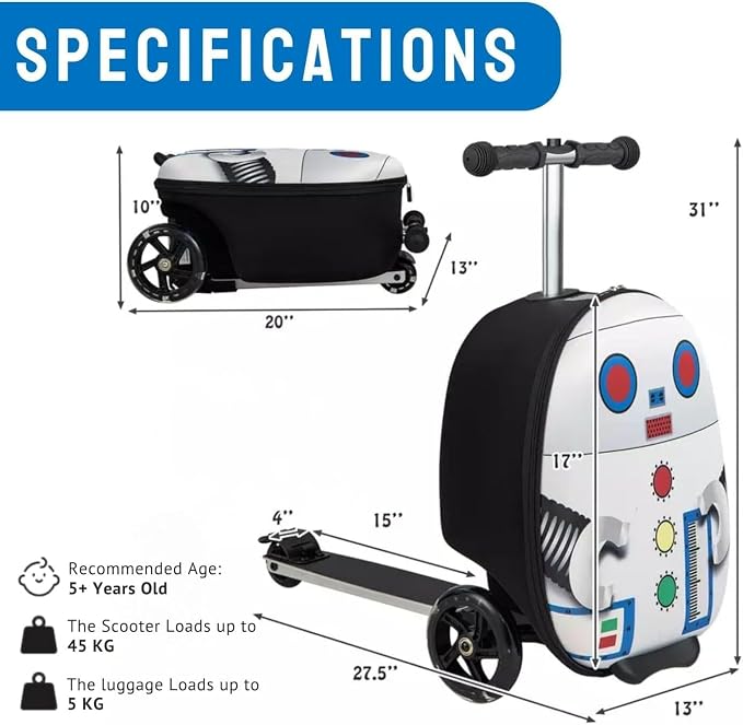 2 in 1 Kids Scooter Suitcase Cabin Approved  Foldable Ride On Travel Luggage with Non Slip Deck, Lightweight 18 Inch Carry-On Suitcase for Children 5+ Years