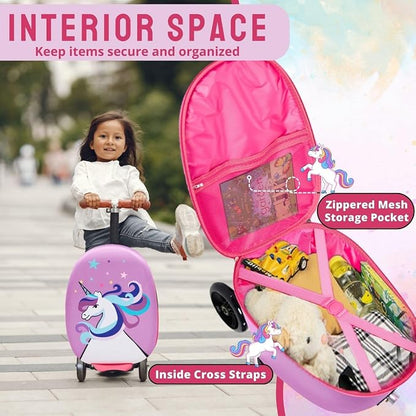 2 in 1 Kids Scooter Suitcase Cabin Approved  Foldable Ride On Travel Luggage with Non Slip Deck, Lightweight 18 Inch Carry-On Suitcase for Children 5+ Years