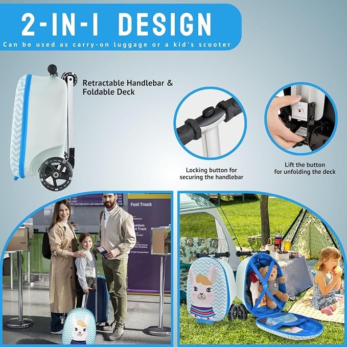 2 in 1 Kids Scooter Suitcase Cabin Approved  Foldable Ride On Travel Luggage with Non Slip Deck, Lightweight 18 Inch Carry-On Suitcase for Children 5+ Years