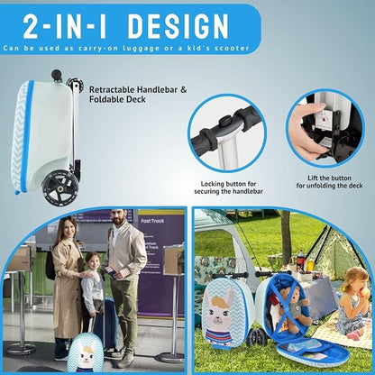 2 in 1 Kids Scooter Suitcase Cabin Approved  Foldable Ride On Travel Luggage with Non Slip Deck, Lightweight 18 Inch Carry-On Suitcase for Children 5+ Years
