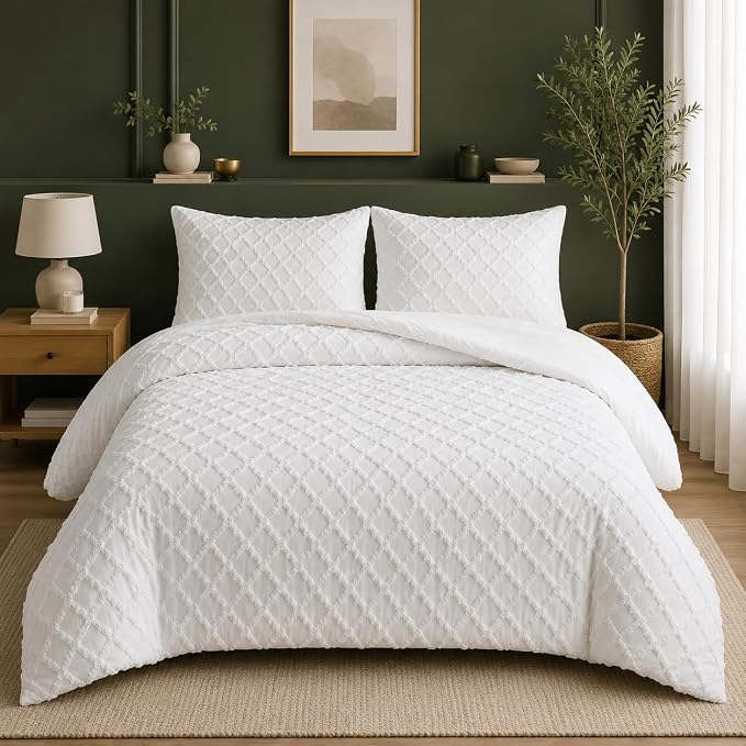 Double Duvet Cover Set Beige Tufted Bedding Set with 2 Pillowcases | Soft  Textured Geometric Quilt Cover with Hidden Zip
