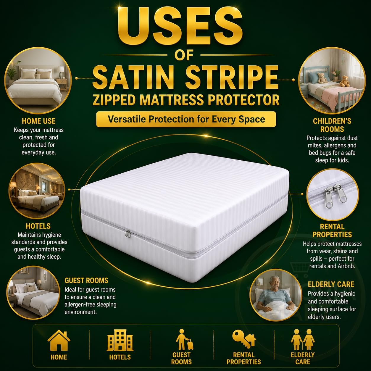 Satin Stripe Zipped Mattress Protector 30cm Deep Full Encasement Mattress Cover | Double Side Zip, Breathable & Hypoallergenic