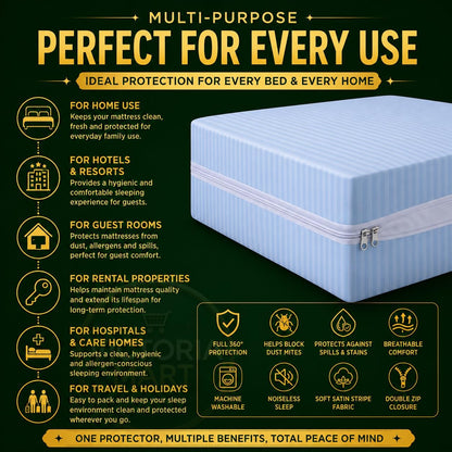 Satin Stripe Zipped Mattress Protector 30cm Deep Full Encasement Mattress Cover | Double Side Zip, Breathable & Hypoallergenic