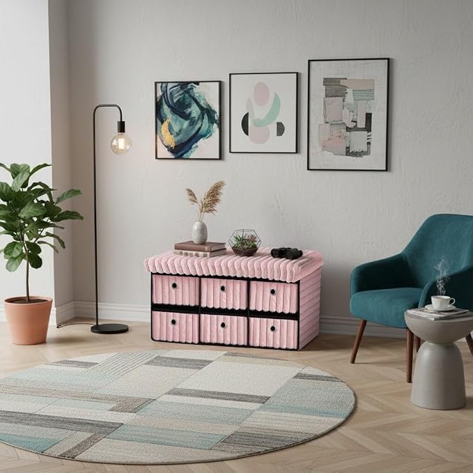 6 Drawer Ottoman Storage Bench with Velvet Cord Finish  Fabric Storage Chest, Padded Footstool Seat, Multipurpose Bedroom, Living Room & Hallway