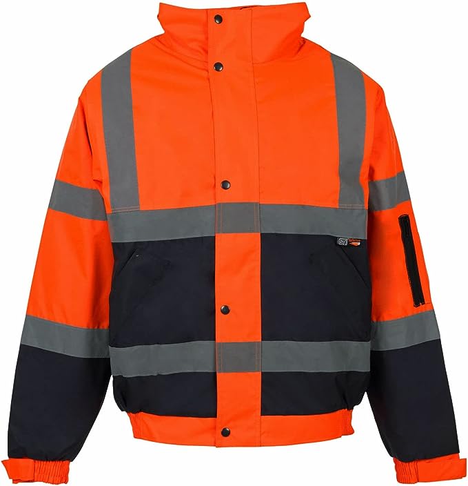 Mens Hi-Viz Vis High Visibility Bomber Safety Zip Jacket Security Work Hood Coat