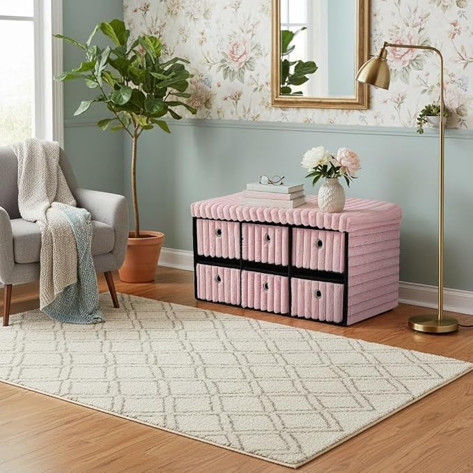 6 Drawer Ottoman Storage Bench with Velvet Cord Finish  Fabric Storage Chest, Padded Footstool Seat, Multipurpose Bedroom, Living Room & Hallway