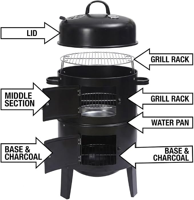 Stacker Smoker BBQ Grill & Fire Pit with Lid Thermometer  Heavy Duty Charcoal Barbecue Grill, Adjustable Air Vents, Outdoor Garden Patio Smoker & Roaster