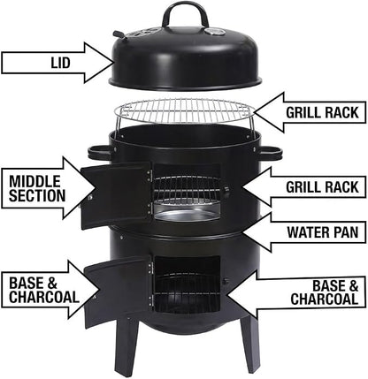 Stacker Smoker BBQ Grill & Fire Pit with Lid Thermometer  Heavy Duty Charcoal Barbecue Grill, Adjustable Air Vents, Outdoor Garden Patio Smoker & Roaster